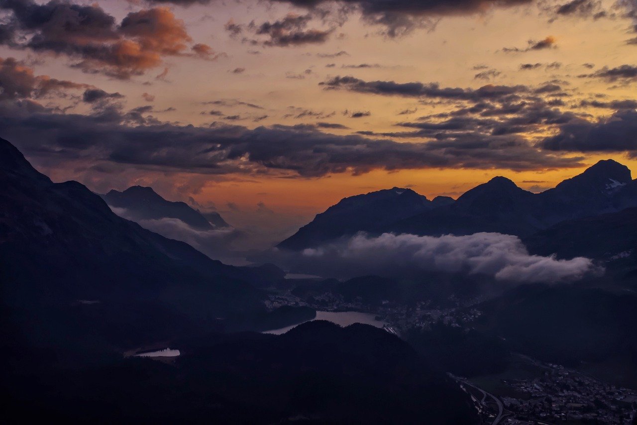 mountains, sunset, clouds